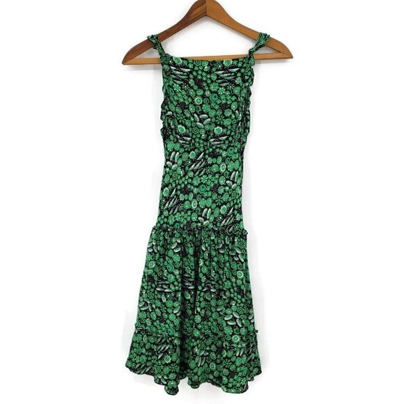 AnnaKim Violette Silk Dress Womens Small Green Floral Full Circle Skirt - Picture 3 of 4